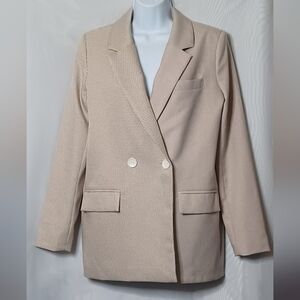 Lichi Women's Beige/Tan Plaid and Solid Double Breasted Blazer. M